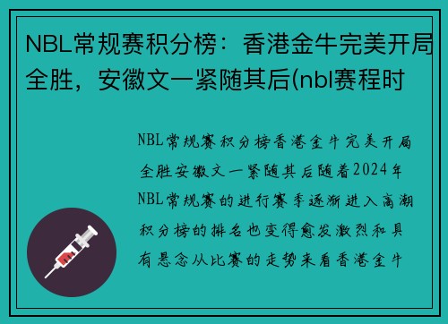 NBL常规赛积分榜：香港金牛完美开局全胜，安徽文一紧随其后(nbl赛程时间表季后赛)