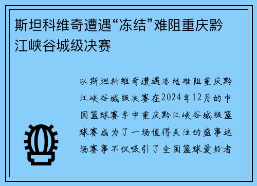 斯坦科维奇遭遇“冻结”难阻重庆黔江峡谷城级决赛