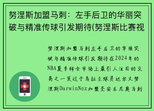 努涅斯加盟马刺：左手后卫的华丽突破与精准传球引发期待(努涅斯比赛视频)