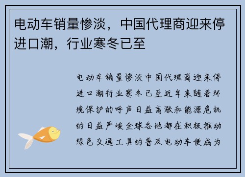 电动车销量惨淡，中国代理商迎来停进口潮，行业寒冬已至