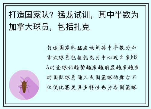 打造国家队？猛龙试训，其中半数为加拿大球员，包括扎克